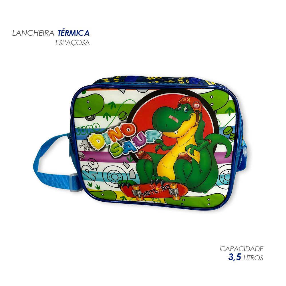 Kit Mochila Infantil Escolar com 3 peças Dinossauro Azul - Imagem 2