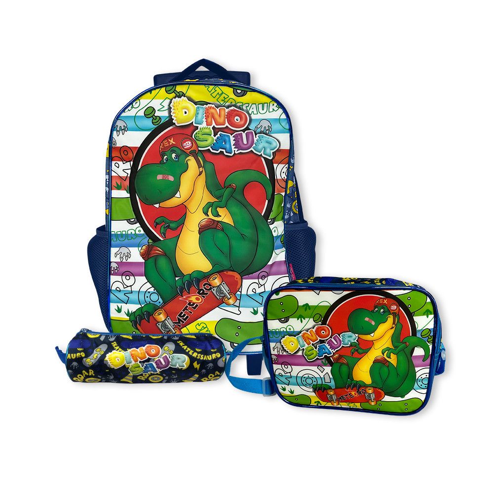 Kit Mochila Infantil Escolar com 3 peças Dinossauro Azul
