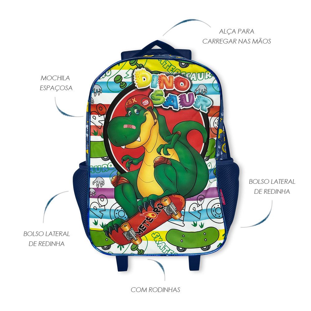 Kit Mochila Infantil Escolar com 3 peças Dinossauro Azul - Imagem 3