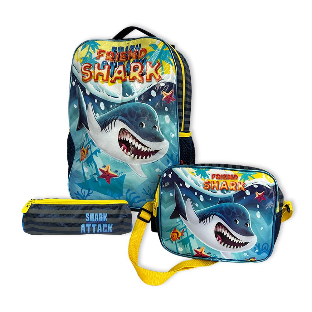 Kit Mochila Infantil Escolar com 3 peças Tubarão Amarela