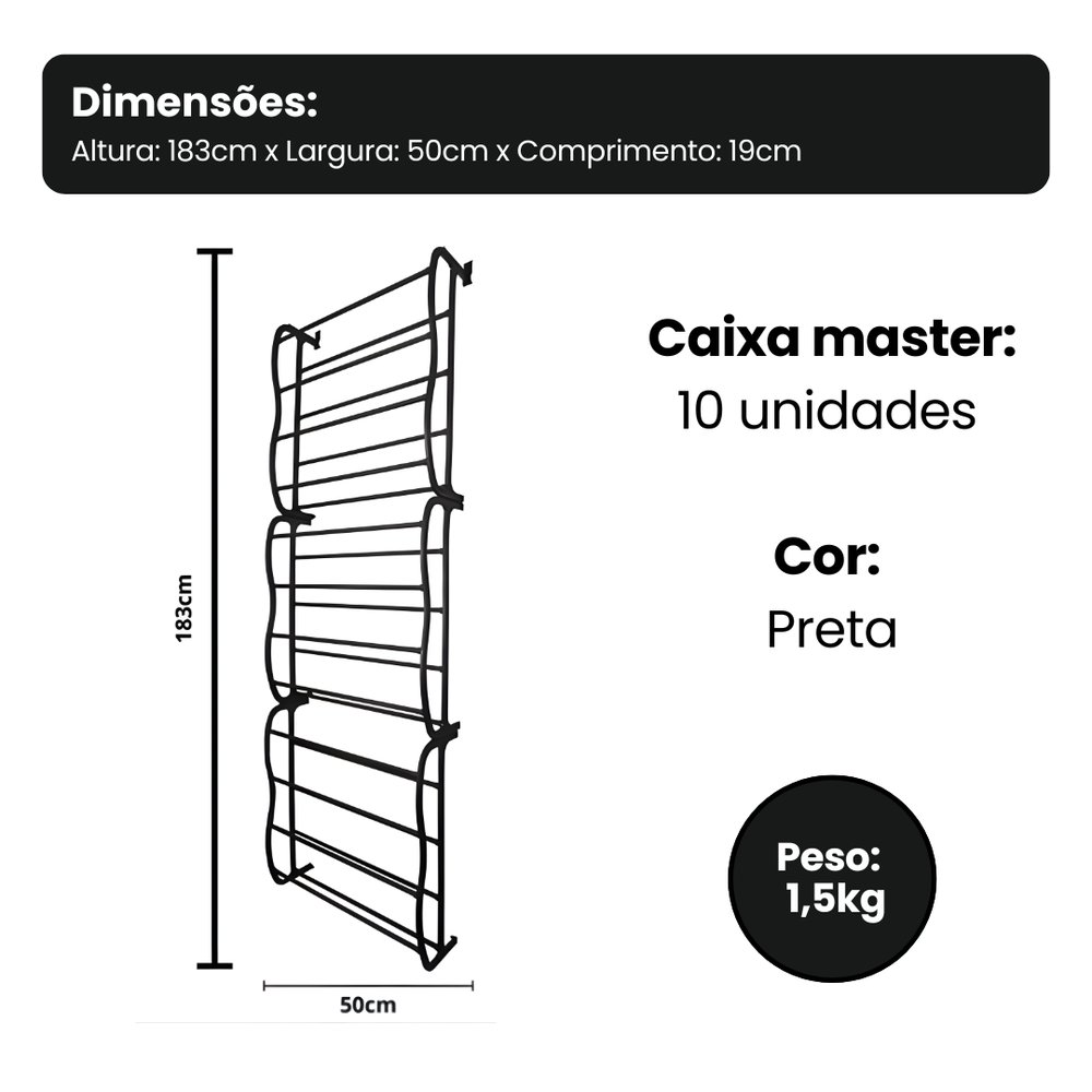 Sapateira Vertical de Parede e Porta para 36 Pares Preta - Imagem 4