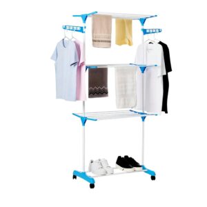 Varal de Chão Dobrável com Rodinhas 3 Andares Reforçado Retrátil Portátil Suporta até 30 Kg Azul