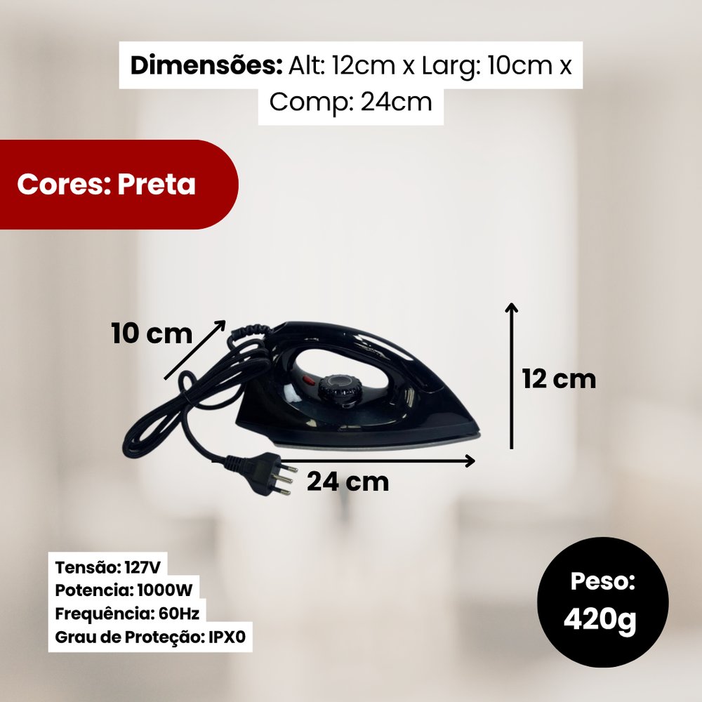 Ferro de Passar Roupa a Seco 1000W com Base de Cerâmica 127V ou 220V Preto - Ferro de Engomar - Ideal para uso Doméstico - Imagem 2