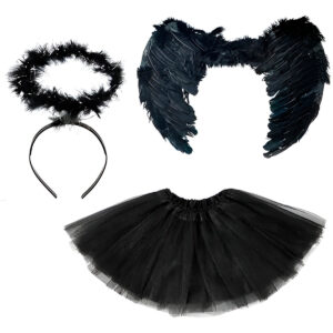 Kit Fantasia Anjo Preto Asa Saia Tiara Festa Carnaval