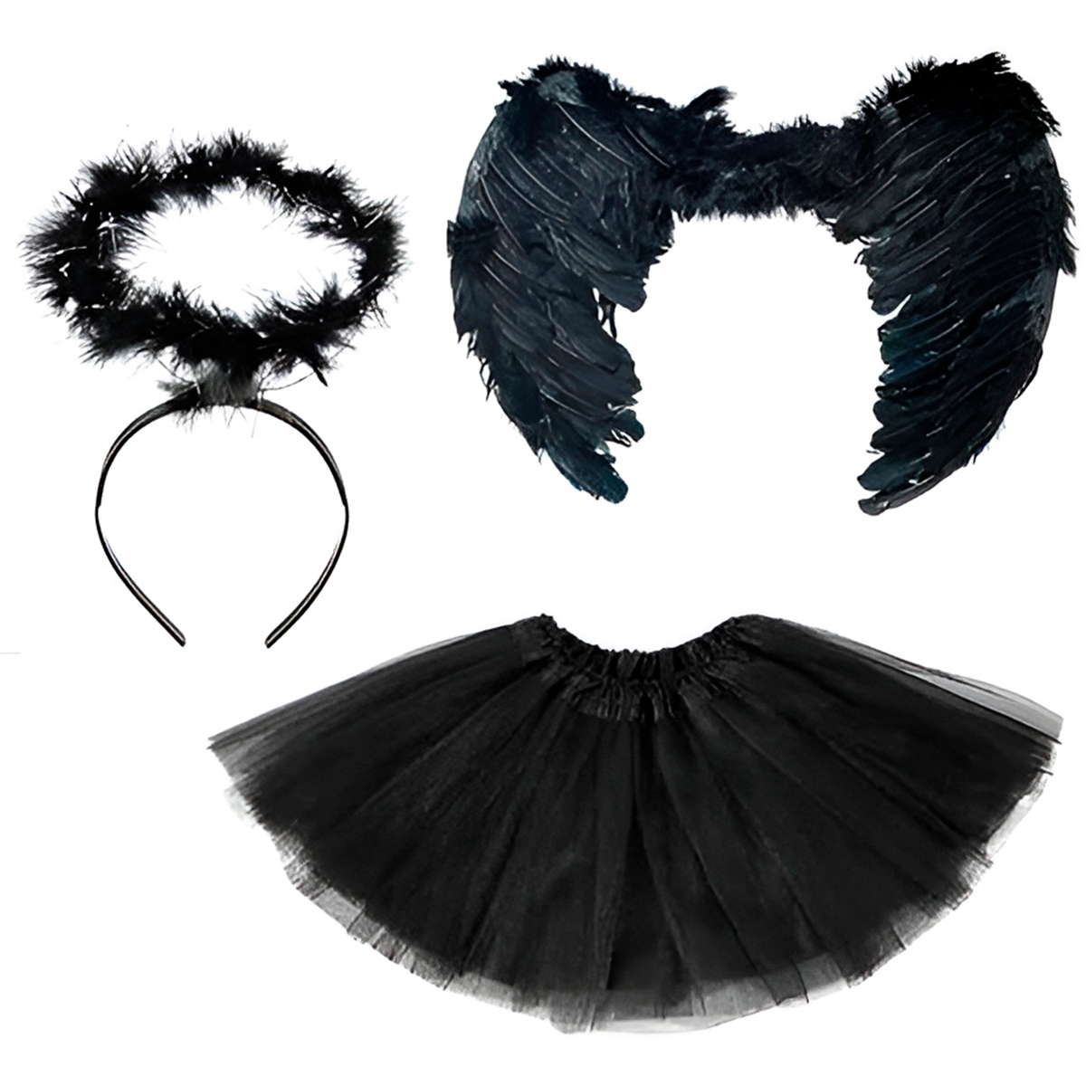 Kit Fantasia Anjo Preto Asa Saia Tiara Festa Carnaval