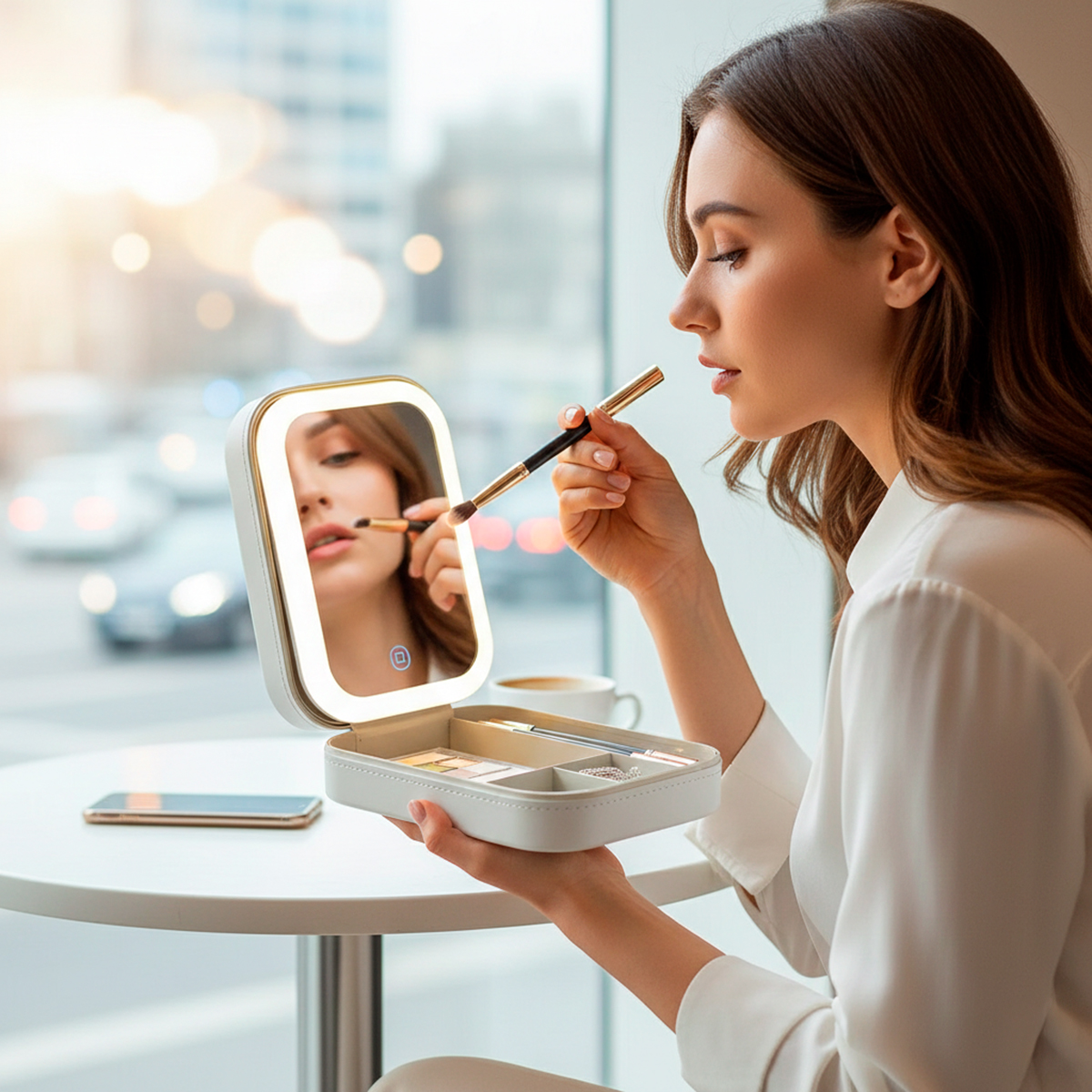 Caixa Estojo Branco Espelho LED Portátil Recarregável - Imagem 5