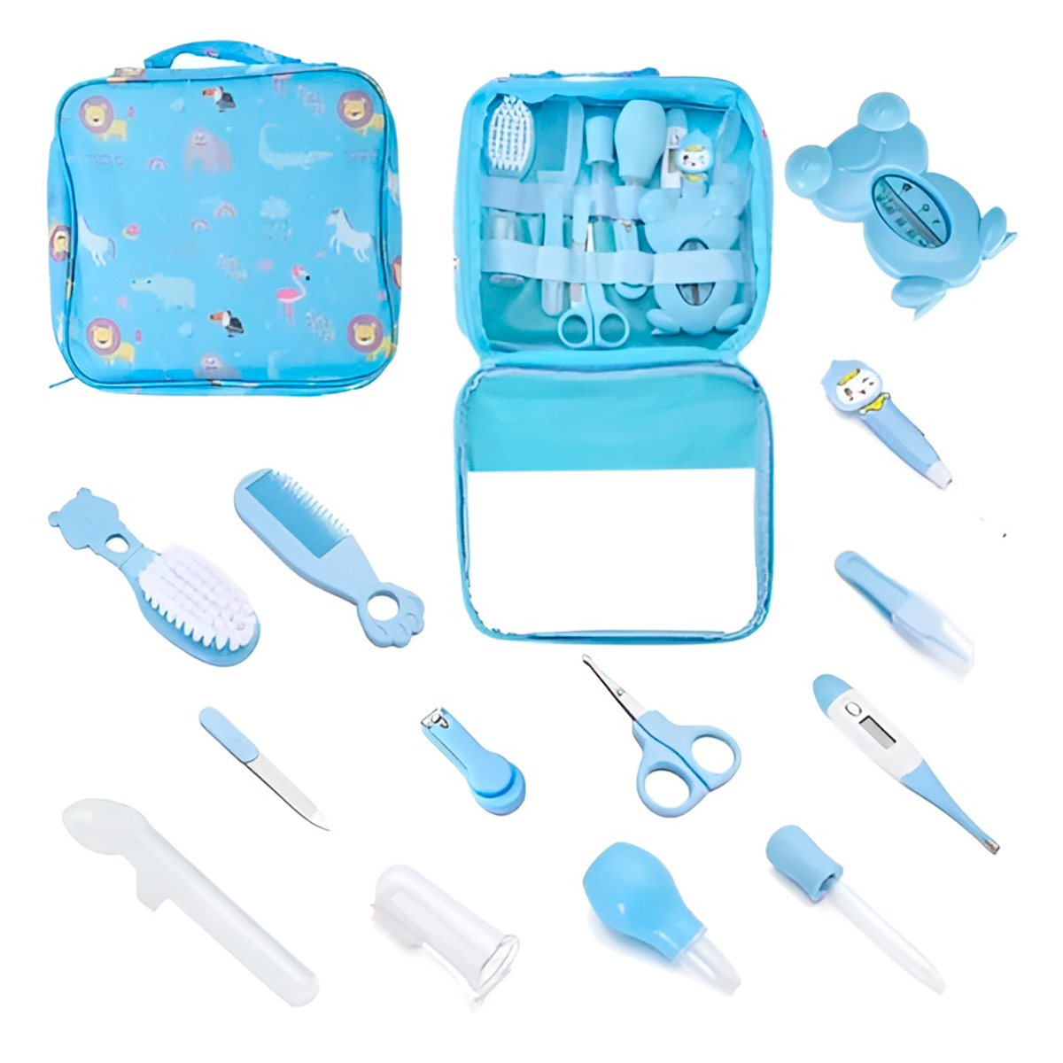 Kit Higiene Cuidados Bebê Bolsa Acessórios Lixa Termômetro Cor:Azul