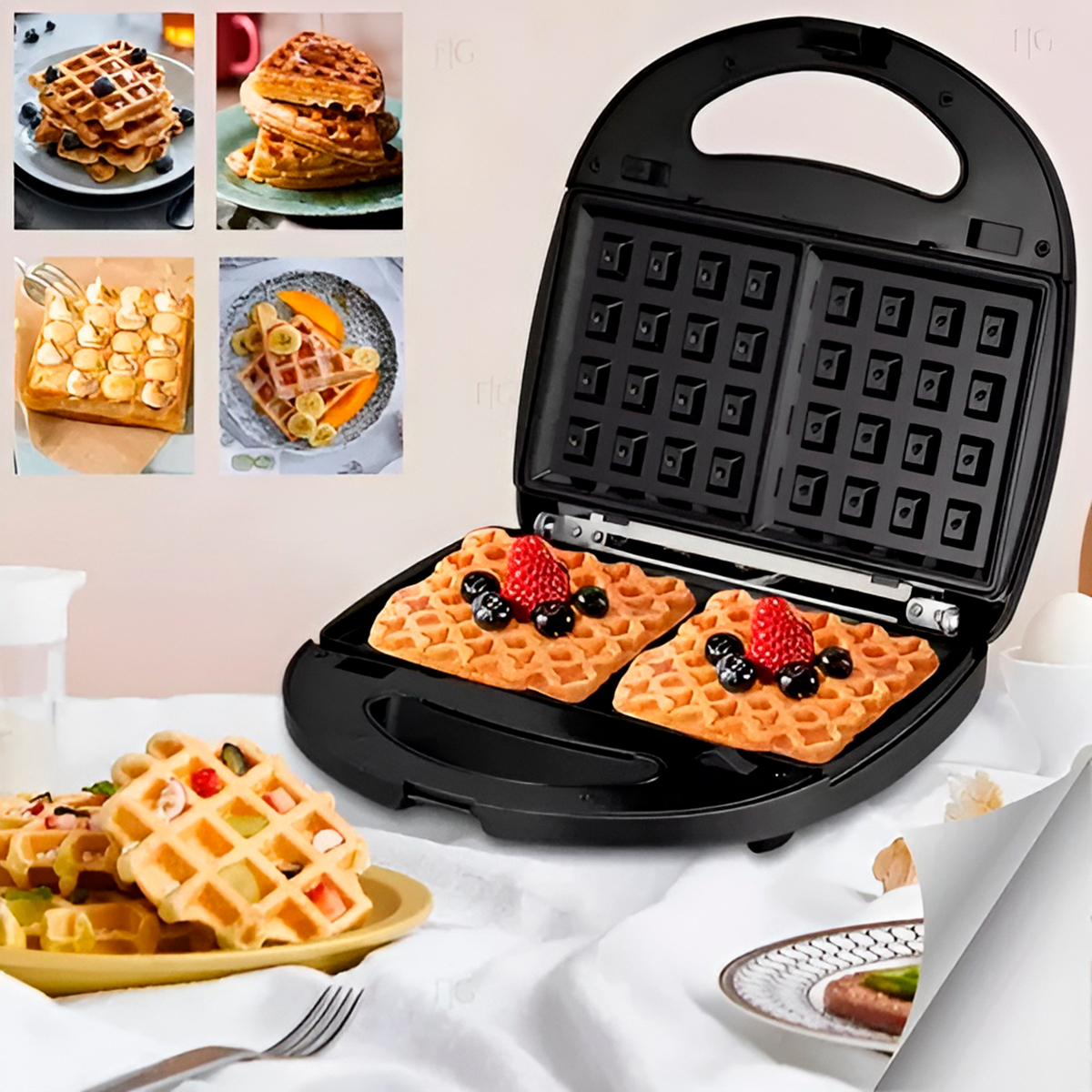 Máquina Waffles Antiaderente Compacta Portátil Preto Voltagem:110V - Imagem 4