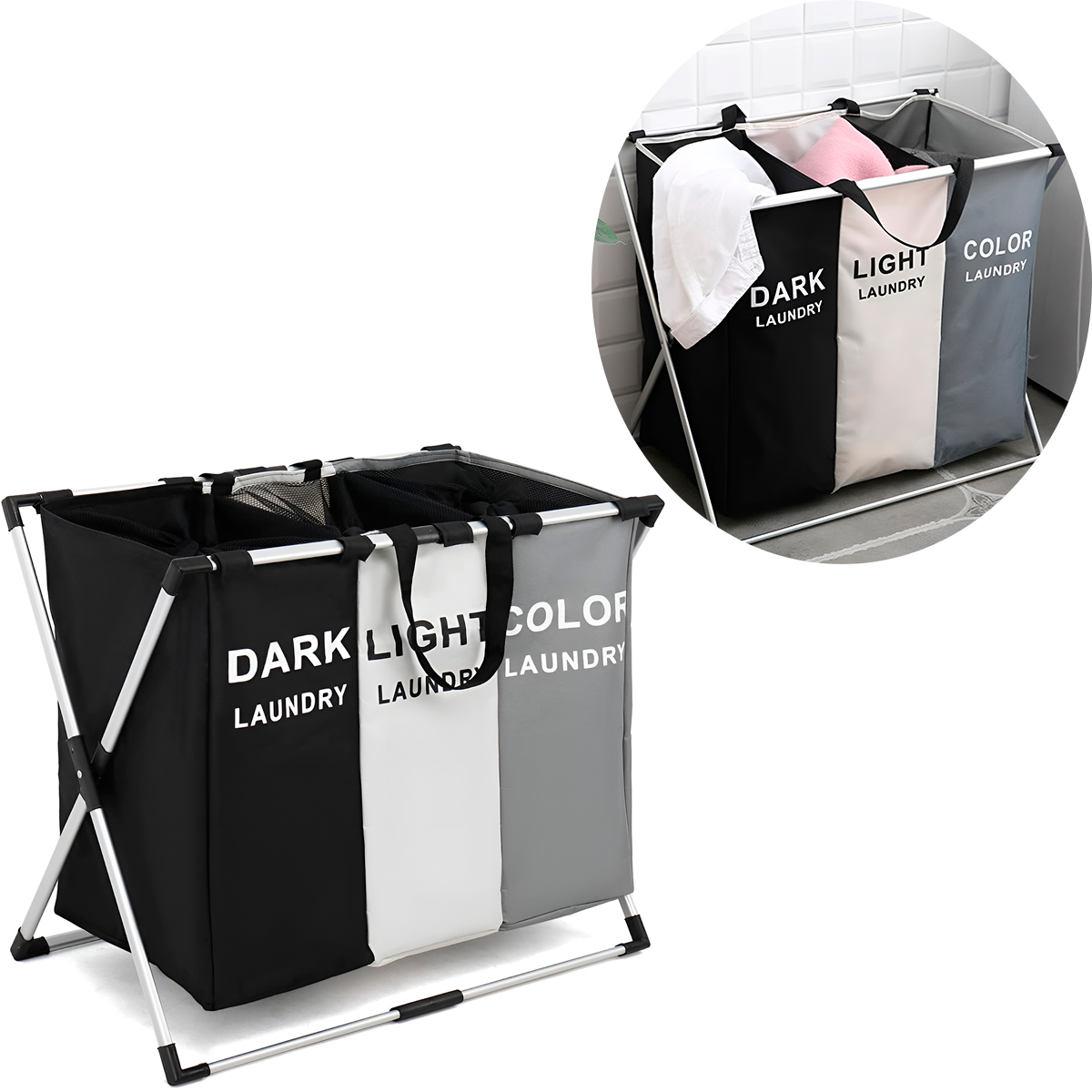 Cesto de Roupa Triplo Organizador Armazenamento 3 Seções - Imagem 2