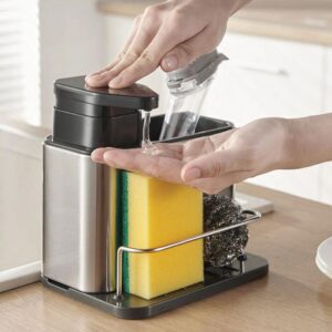 Organizador com Dispenser de Detergente Porta Esponja Sabão Dosador Aço Inox para Cozinha Pia Luxo