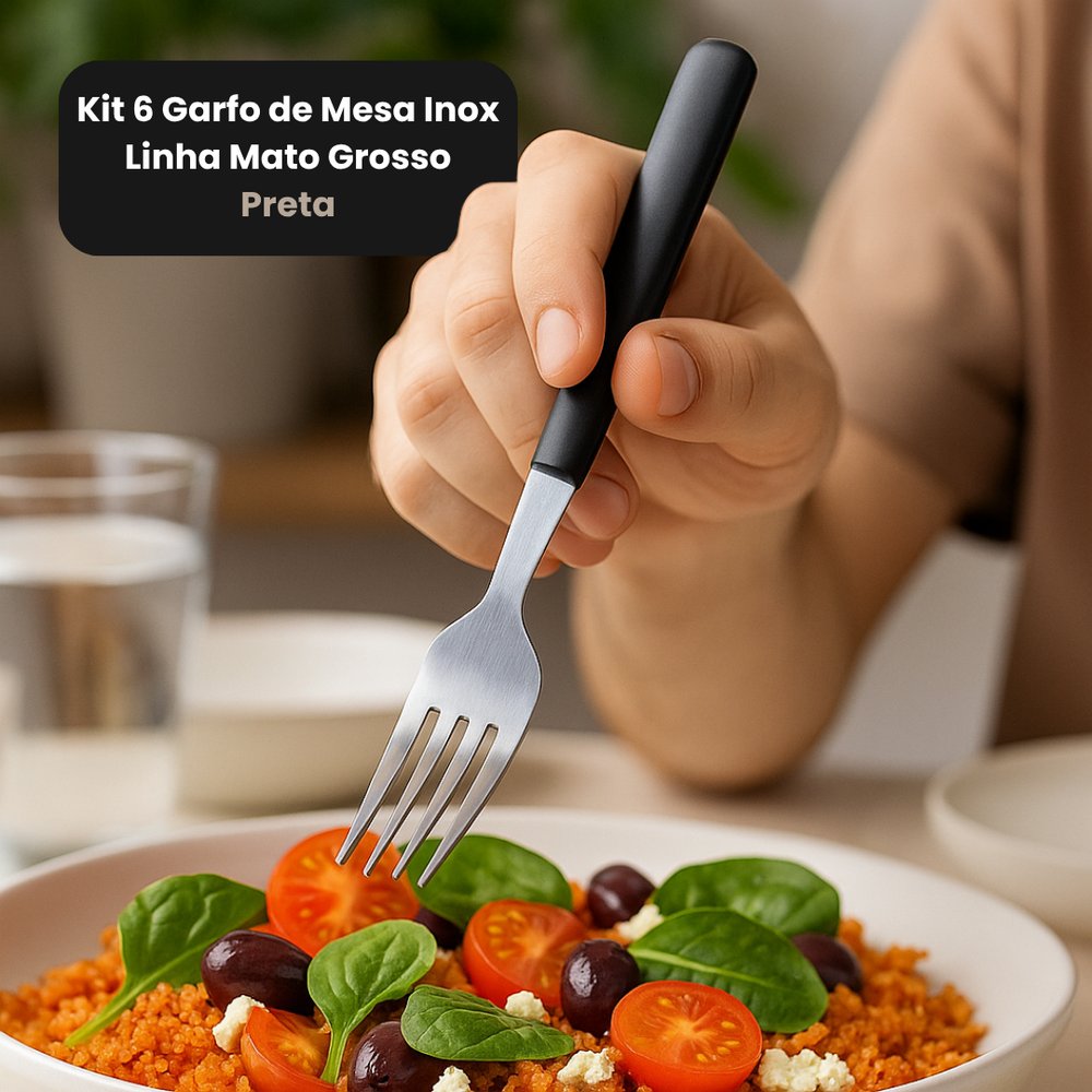 Kit 6 Garfos Talheres de Mesa Aço Inox com Cabo Preto Restaurante Cozinha Resort Buffet - Imagem 5