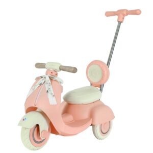 Mini Moto Elétrica Infantil 6V Rosa com Haste Empurrador Rodinhas Laterais