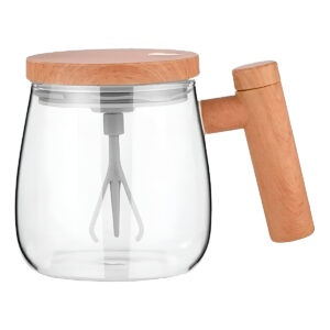 Caneca Auto Agitadora De Café Com Cabo De Madeira Vidro 400ml Elétrica USB Recarregável