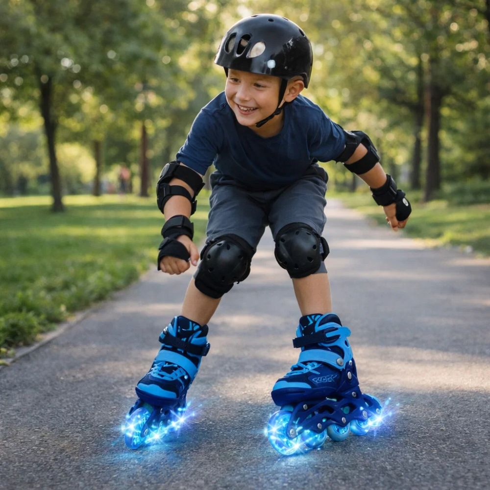 Patins Inline Infantil Masculino Menino Ajustável 35-38 LED com Kit Proteção Travessos Azul Preto - Imagem 4