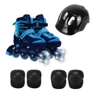 Patins Inline Infantil Masculino Menino Ajustável 35-38 LED com Kit Proteção Travessos Azul Preto