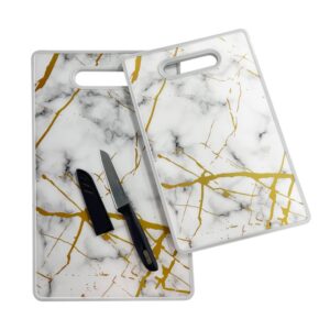 Kit 2 Tábua de Carne com Faca Efeito Mármore para Corte Legumes Frutas