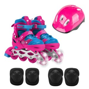 Patins Inline Infantil Feminino Menina Ajustável 31-34 com LED com Kit Proteção Travessos Rosa Azul