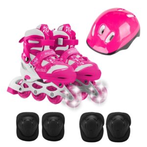 Patins Inline Infantil Feminino Menina Ajustável 35-38 LED com Kit Proteção Travessos Rosa Branco