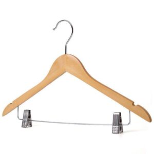 Cabide de Madeira Maciça Adulto Slim Premium Envernizado com Presilhas Gancho Metálico