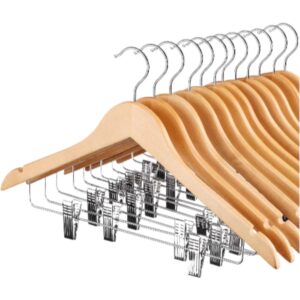 Kit 5 Cabides de Madeira Maciça Adulto Slim Premium Envernizado com Presilhas Gancho Metálico