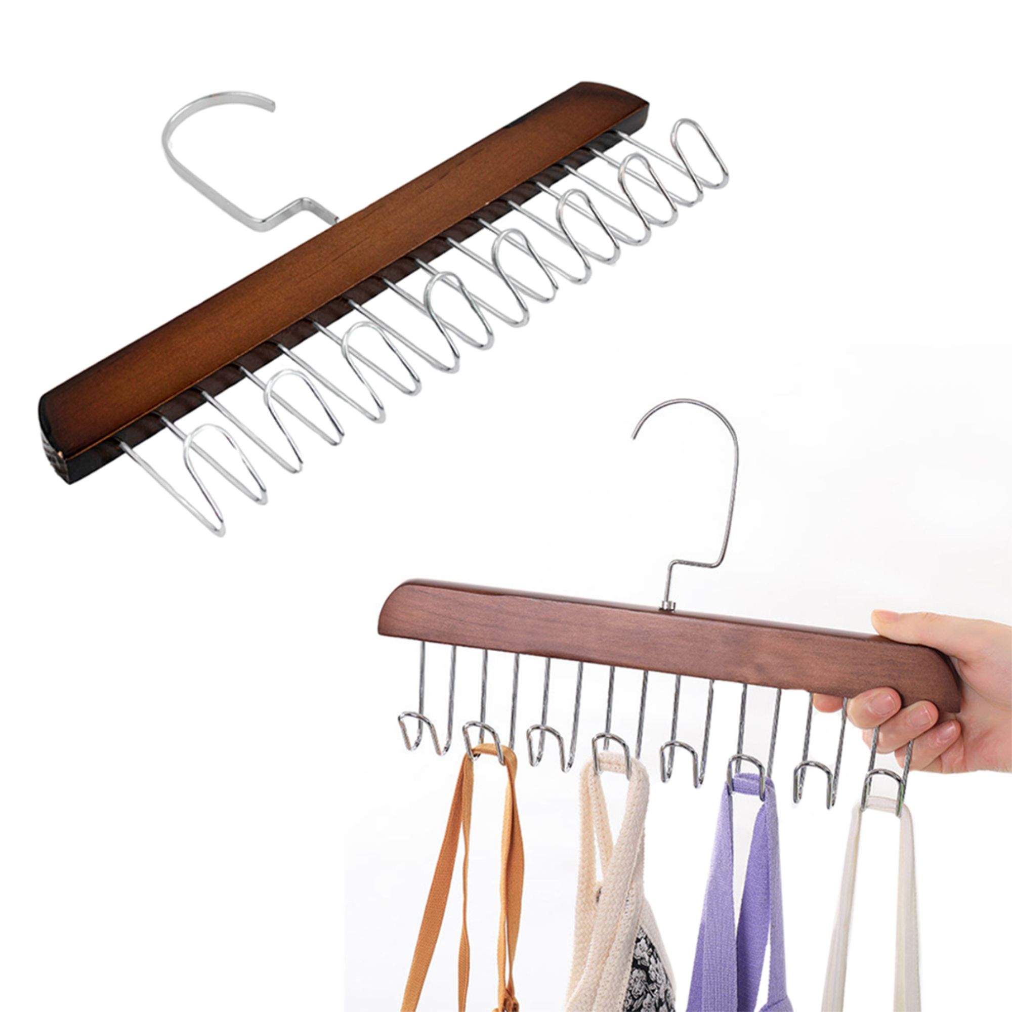 Kit 4 Cabide de Madeira Multiuso Para Cintos Gravatas Cachecóis Sutiãs Colares Organizador 8 Ganchos - Imagem 6