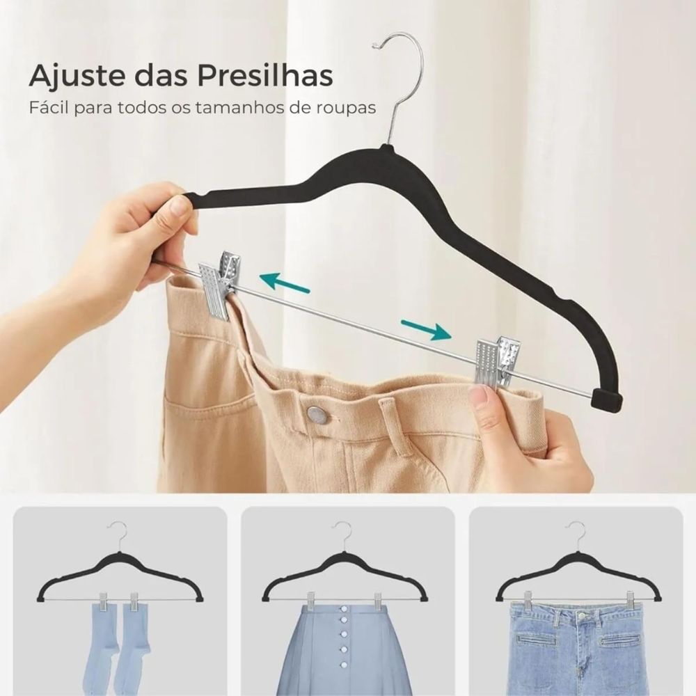 Kit 5 Cabides de Veludo Slim com Presilha de Metal Preto - Antiaderente, Reforçado e Elegante - Imagem 4