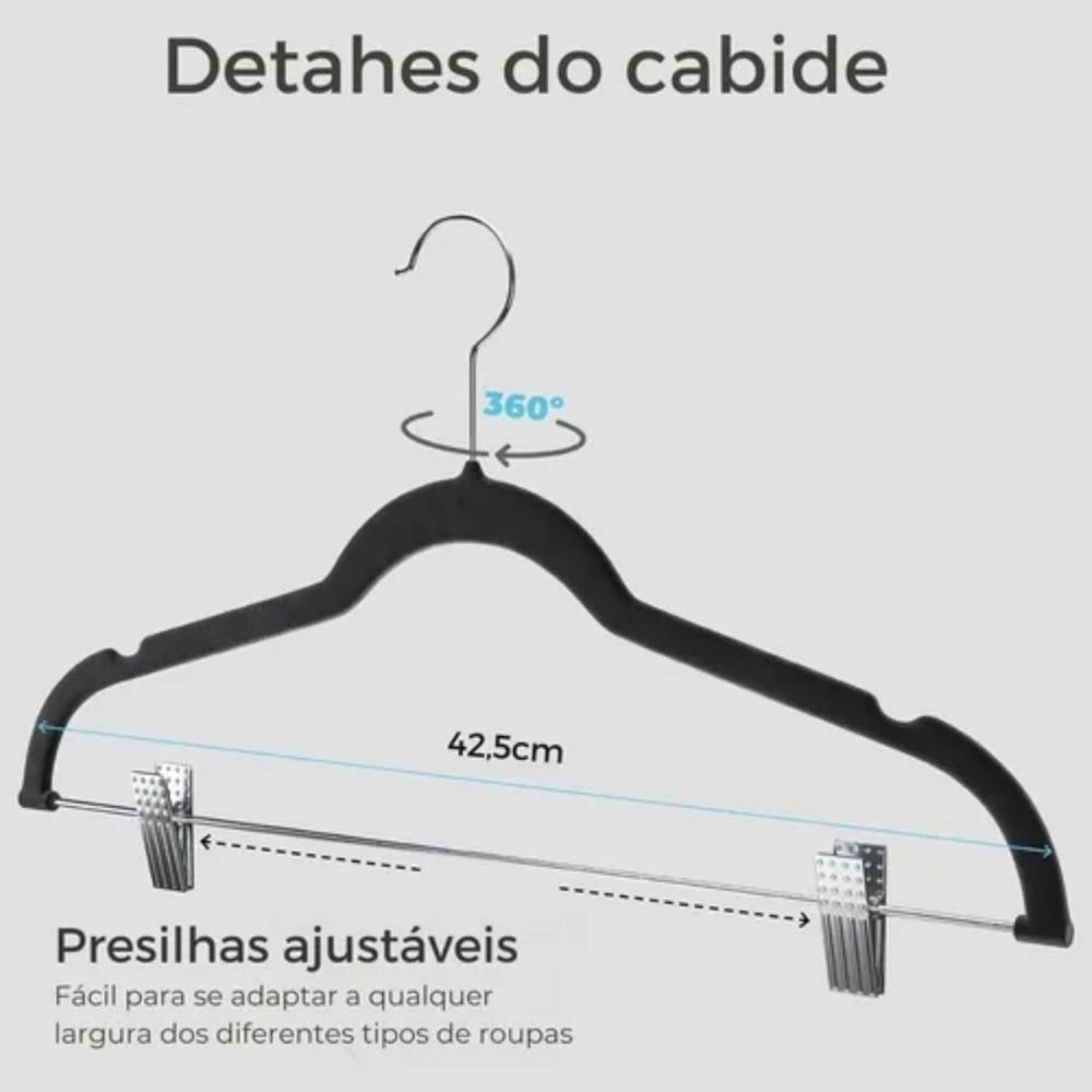 Kit 5 Cabides de Veludo Slim com Presilha de Metal Preto - Antiaderente, Reforçado e Elegante - Imagem 6