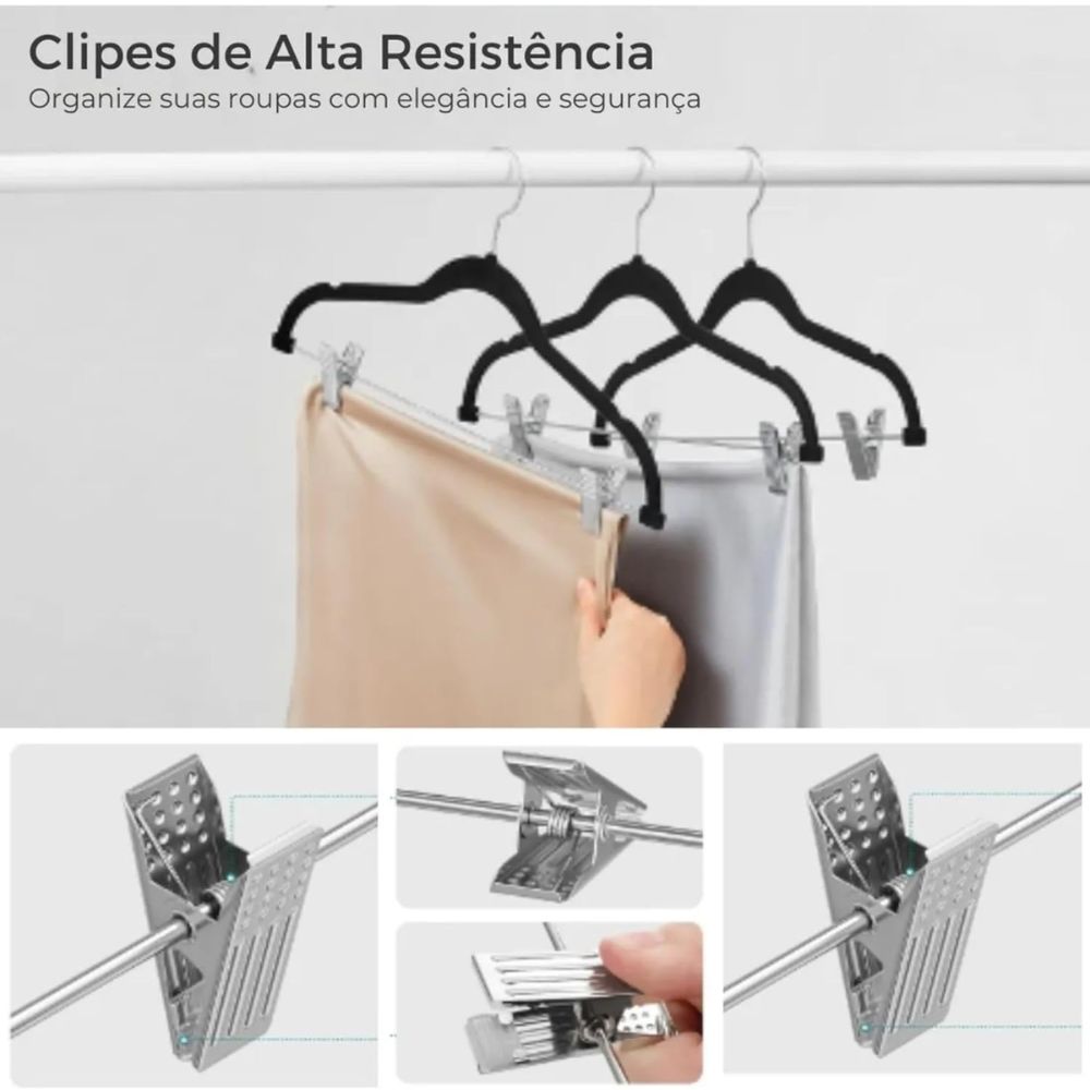 Kit 5 Cabides de Veludo Slim com Presilha de Metal Preto - Antiaderente, Reforçado e Elegante - Imagem 8