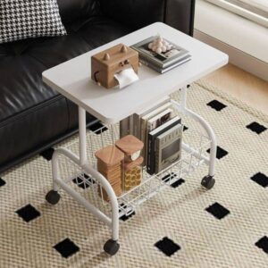 Mesa Lateral de Apoio Canto Cabeceira Móvel com Rodinhas Branca em MDF para Notebook Leitura Sofá