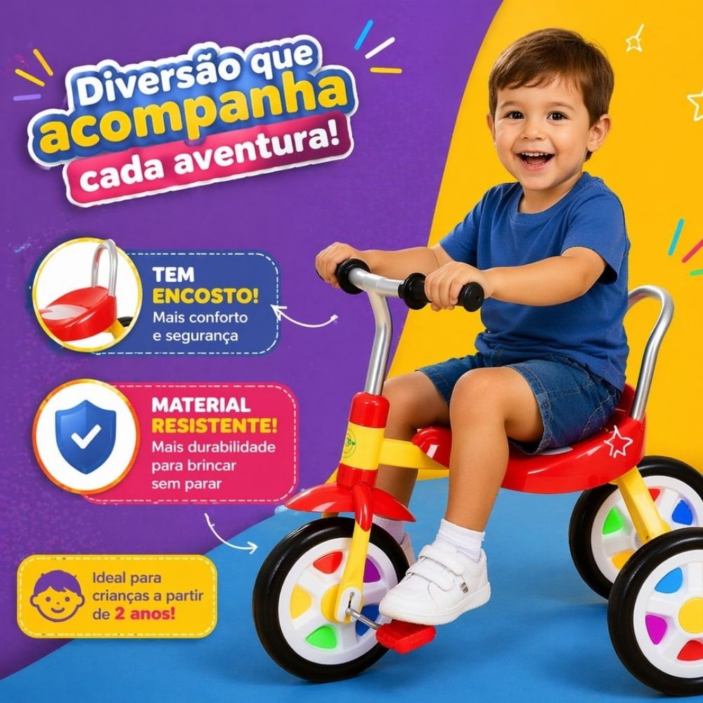 Triciclo Infantil com Pedal 3 Rodas Andador Bicicleta Velocipe Amarelo - Imagem 4