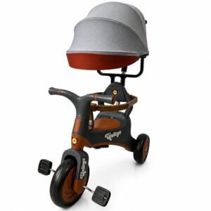 Triciclo Infantil Carrinho de Bebê Vintage Com Empurrador e Capota Solar Cinza