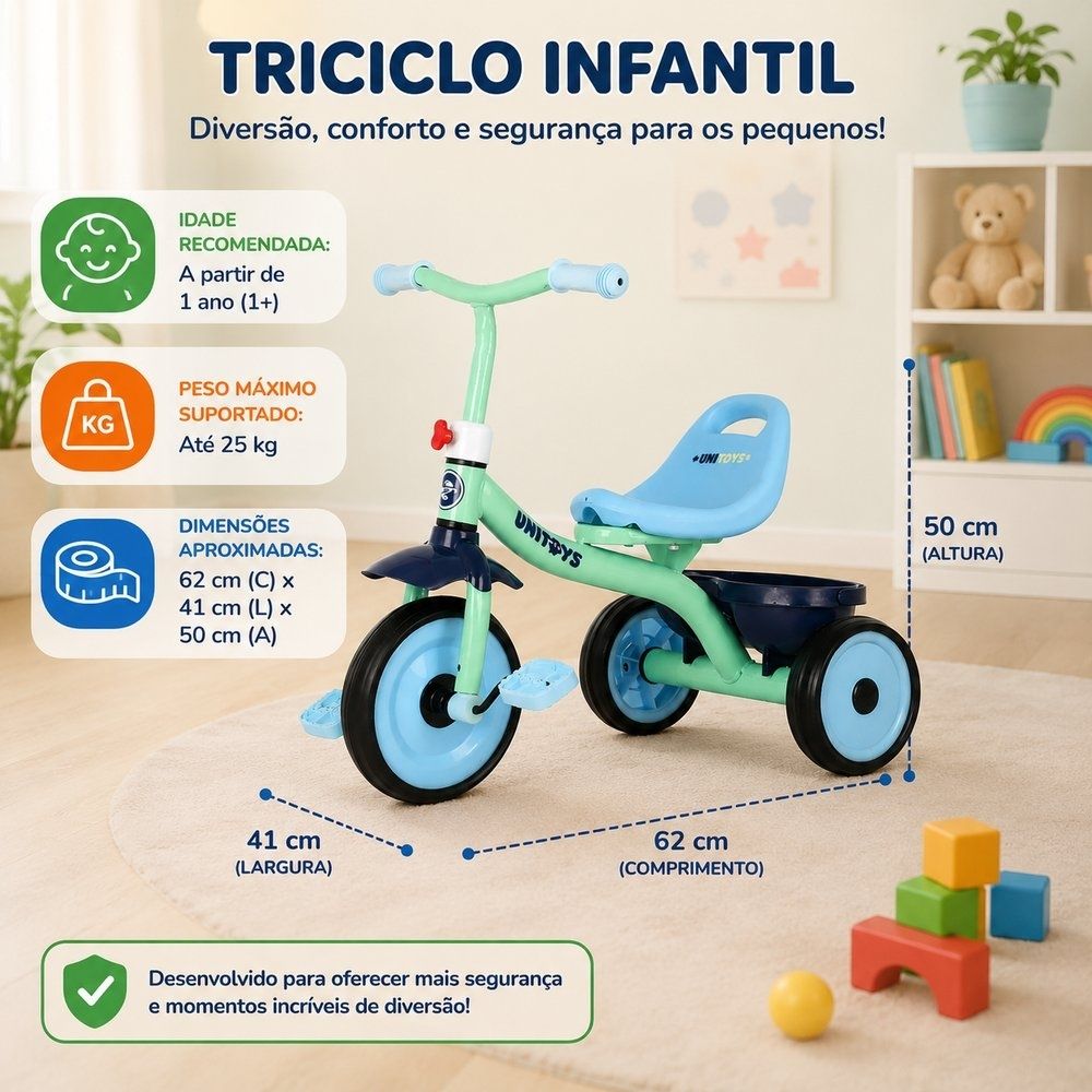 Triciclo Infantil Velocípede com Pedal e Cestinha Azul - Imagem 4