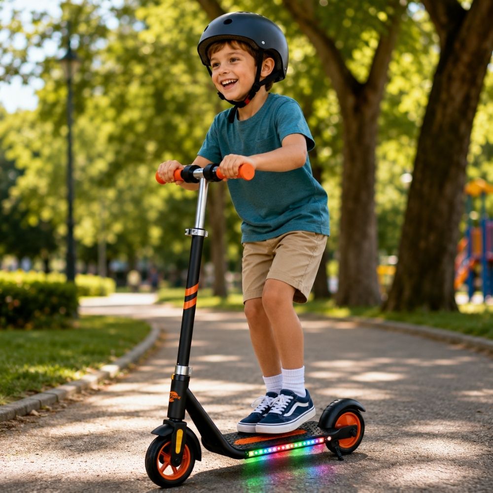 Patinete Elétrico Scooter Infantil com LED Base Antiderrapante Ajustável 150W Até 60Kg Laranja - Imagem 2