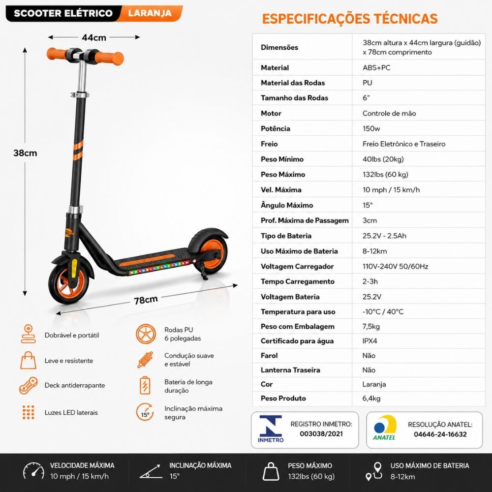 Patinete Elétrico Scooter Infantil com LED Base Antiderrapante Ajustável 150W Até 60Kg Laranja - Imagem 6