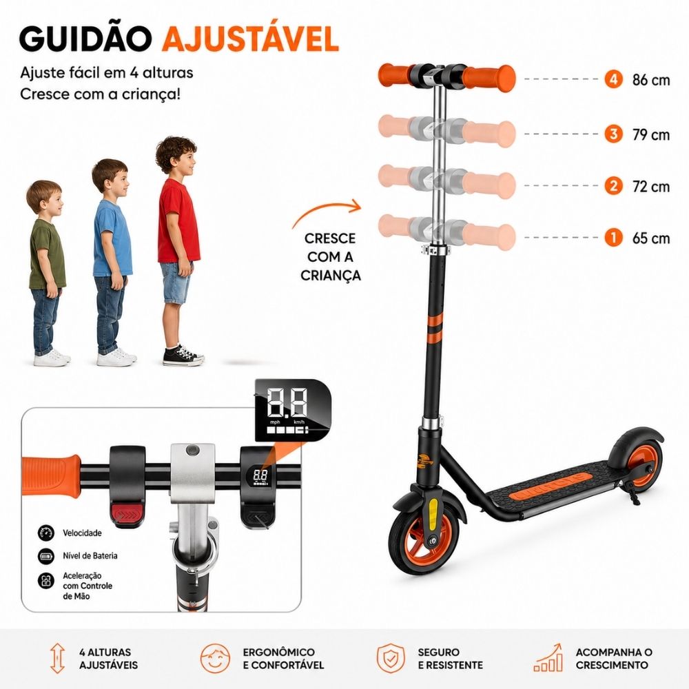 Patinete Elétrico Scooter Infantil com LED Base Antiderrapante Ajustável 150W Até 60Kg Laranja - Imagem 4