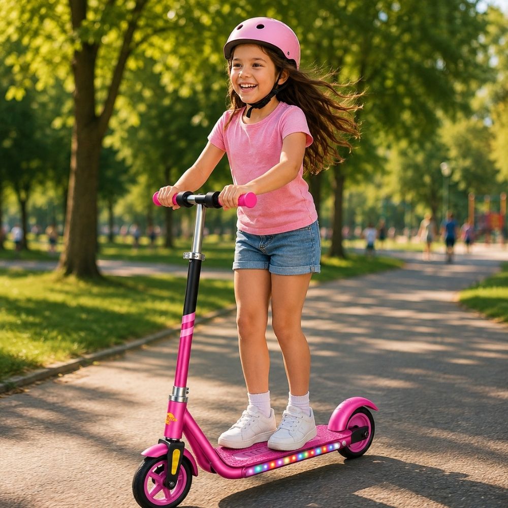Patinete Elétrico Scooter Infantil com LED Base Antiderrapante Ajustável 150W Até 60Kg Rosa - Imagem 2
