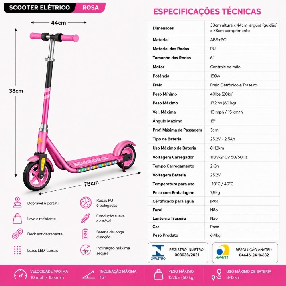 Patinete Elétrico Scooter Infantil com LED Base Antiderrapante Ajustável 150W Até 60Kg Rosa - Imagem 6
