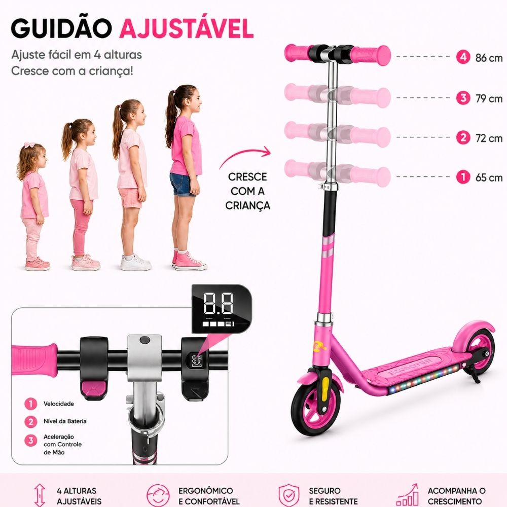 Patinete Elétrico Scooter Infantil com LED Base Antiderrapante Ajustável 150W Até 60Kg Rosa - Imagem 4