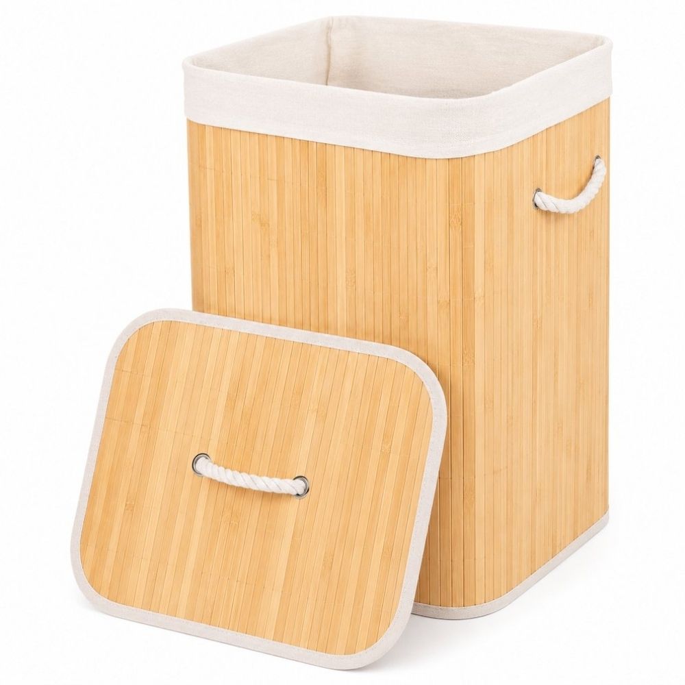 Cesto De Roupa Suja Bambu 70L Dobravel Organizador Forrado Banheiro Grande Retangular Bege