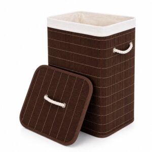Cesto De Roupa Suja Bambu 70L Dobravel Organizador Forrado Banheiro Grande Retangular Marrom