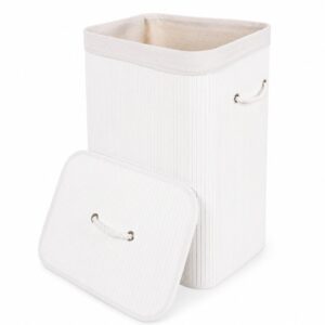 Cesto De Roupa Suja Bambu 70L Dobravel Organizador Forrado Banheiro Grande Retangular Branco