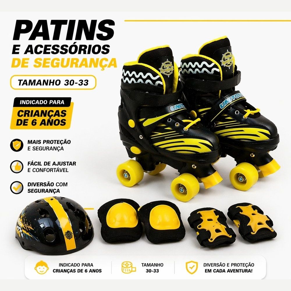 Patins Infantil com Kit de Proteção Tamanho 30-33 Preto e Amarelo - Imagem 4