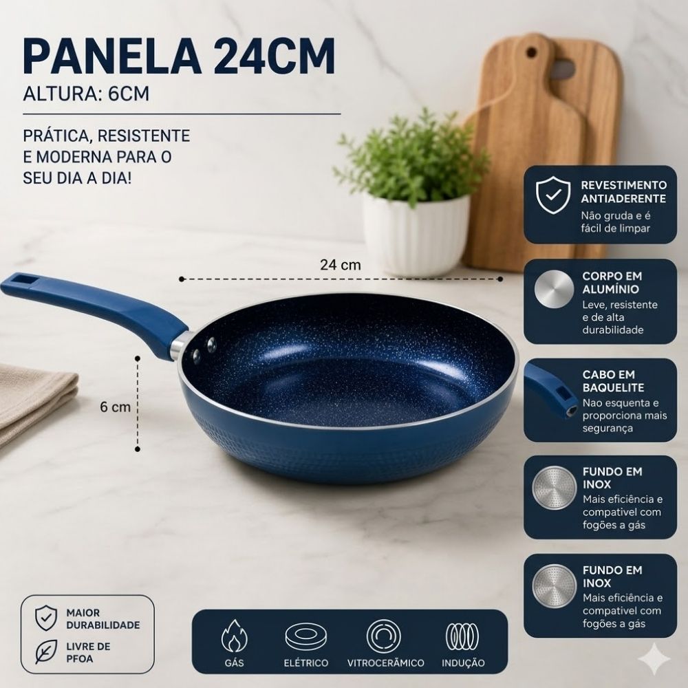 Frigideira Antiaderente Cerâmica Fogão Cooktop Indução e Gás 24cm Azul - Imagem 4