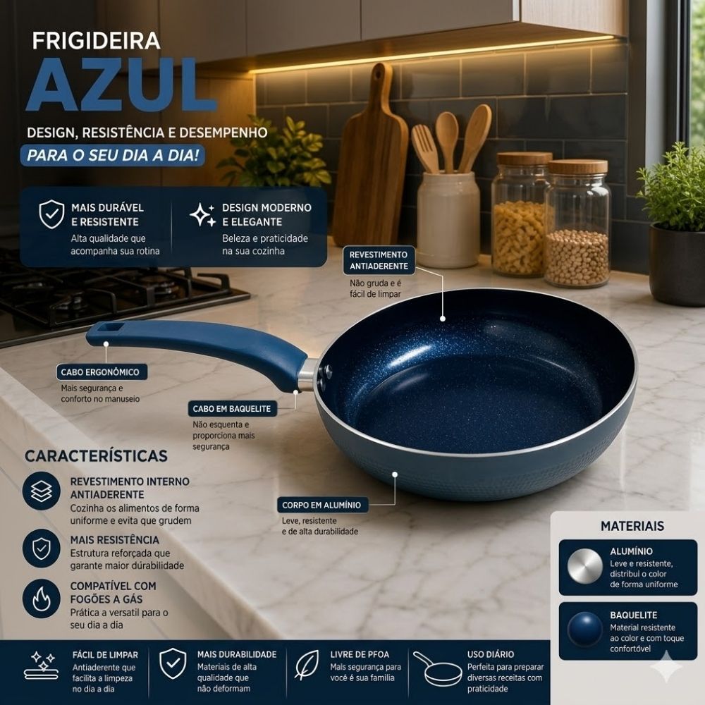 Frigideira Antiaderente Cerâmica Fogão Cooktop Indução e Gás 26cm Azul - Imagem 4