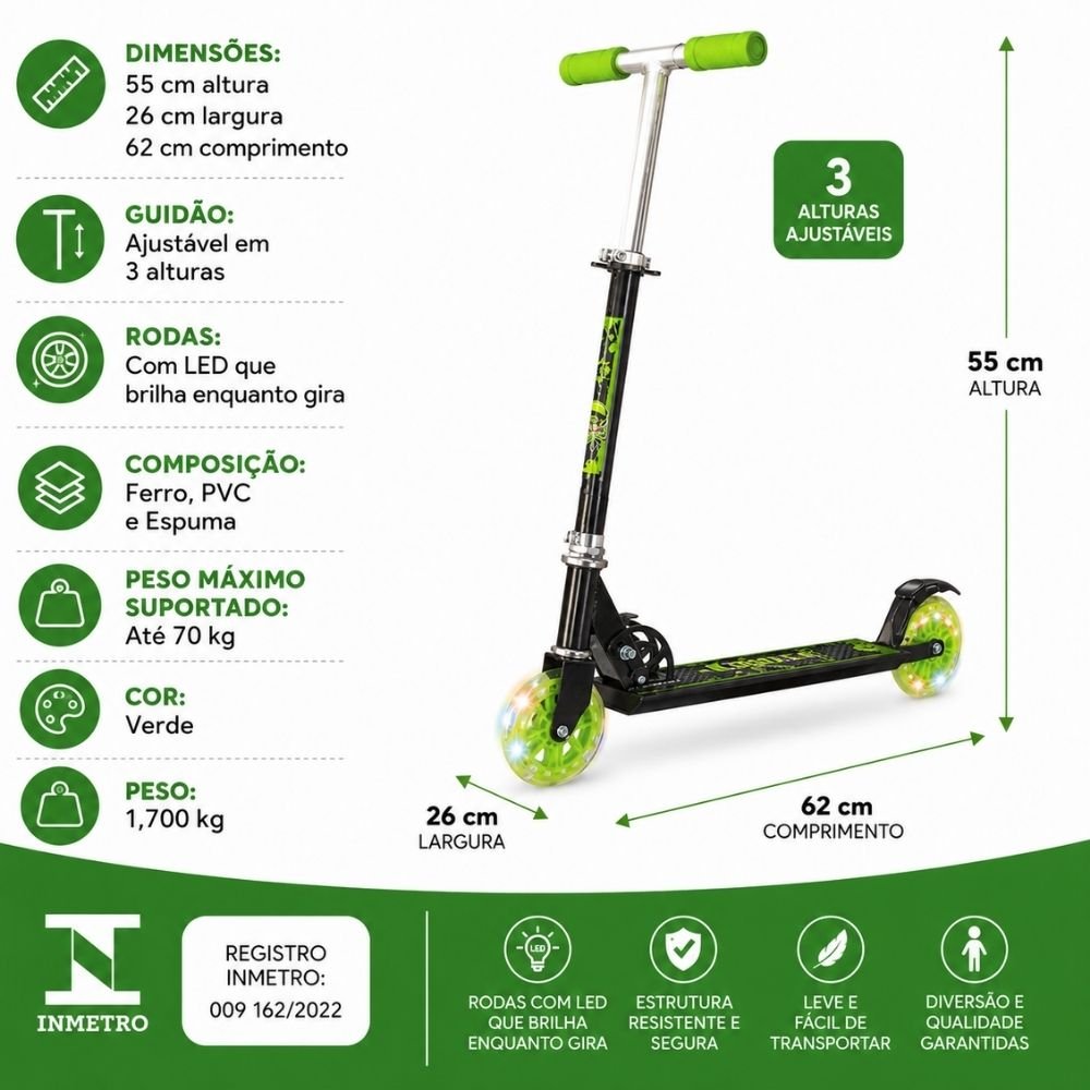 Mini Patinete Infantil com 2 Rodas e Brilho Ajustável Verde - Imagem 4