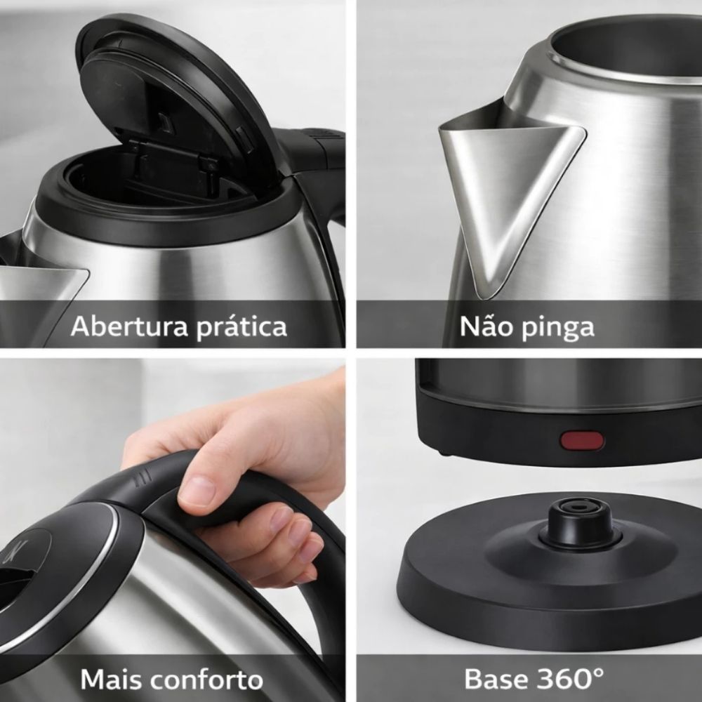 Chaleira Elétrica Inox 1,8 Litros 1000W 127V com Desligamento Automático para Café e Chá - Imagem 3