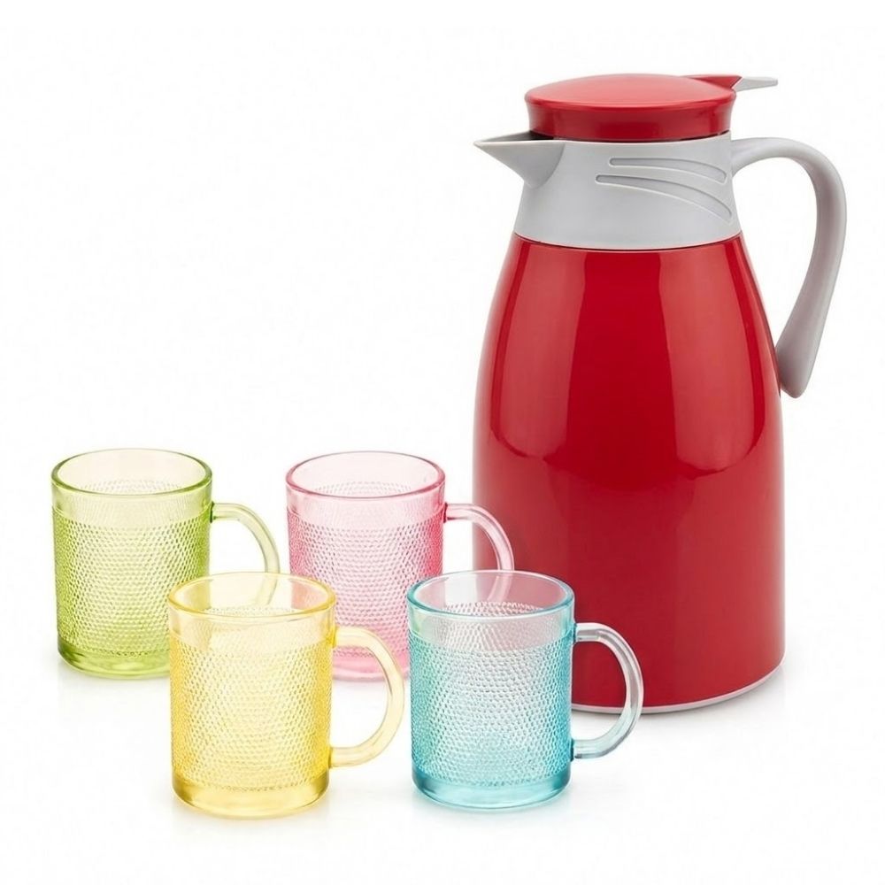Conjunto Garrafa Térmica 1L Vermelha e 4 Copos Vidro 190ml para Café Chá Leite - Imagem 4