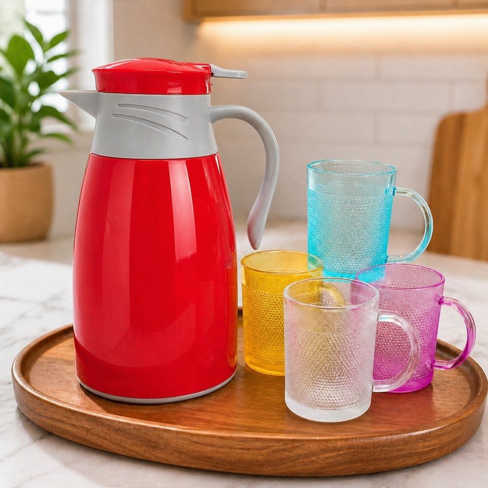 Conjunto Garrafa Térmica 1L Vermelha e 4 Copos Vidro 190ml para Café Chá Leite - Imagem 3