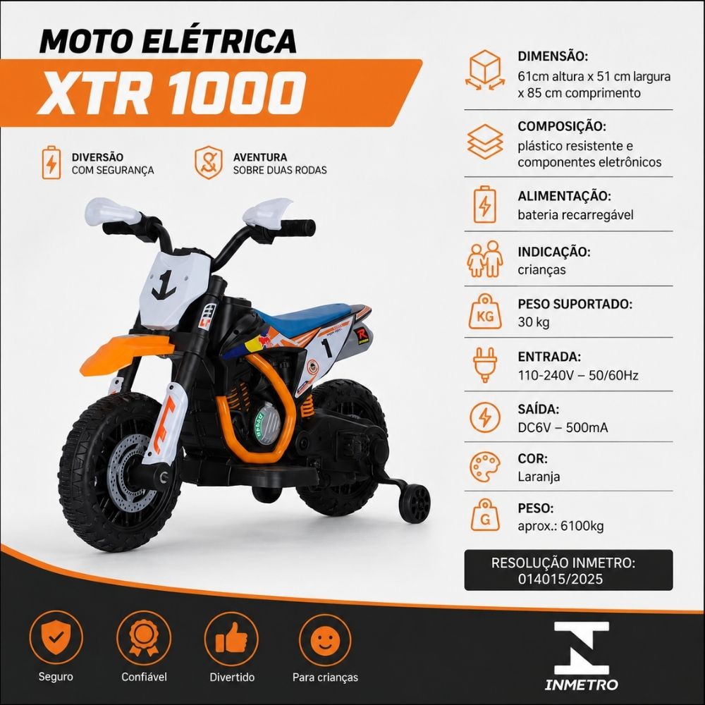 Moto Elétrica Infantil 2 Rodas Com Rodinhas Bateria Recarregável Laranja - Imagem 4