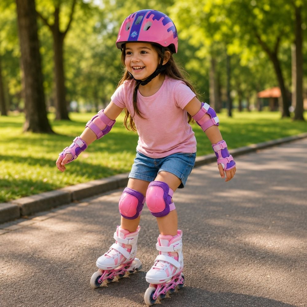 Capacete De Patins Kit Proteção Infantil Esportivo Patins Patinete Bike Skate 7 Pçs Rosa e Lilás - Imagem 3